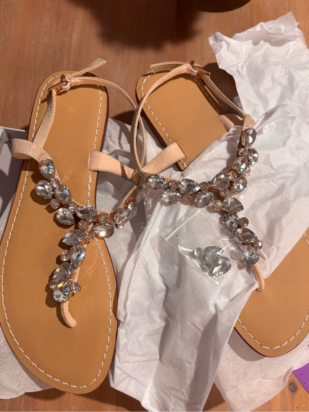 Crystal-Embellished Beige T-Strap Sandals